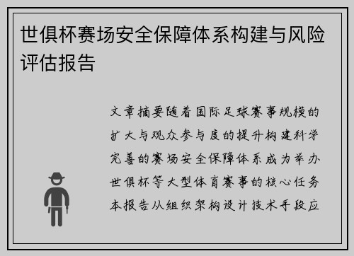 世俱杯赛场安全保障体系构建与风险评估报告